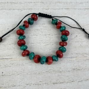 Vintage Natural Red Coral Turquoise Round Bead Bracelet Black Adjustable Cord